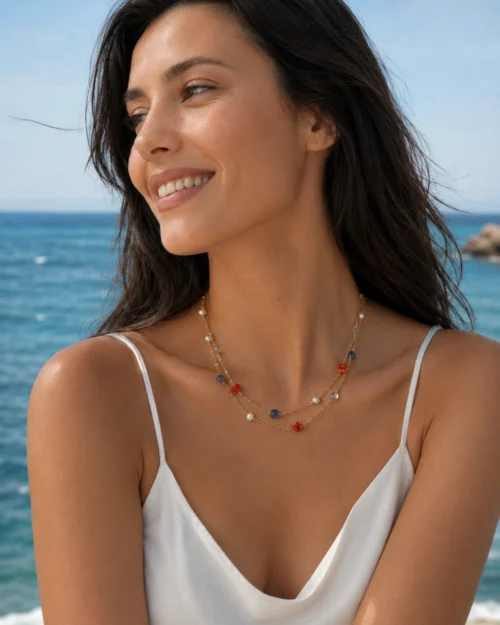 Collana multi gemma con corallo del Meditteraneo, perle di fiume, acquamarina e cianite