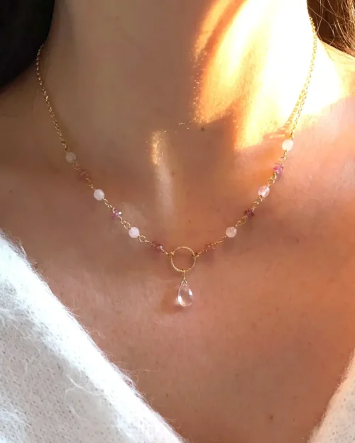 Collana Essenza d'Amore in argento 925 con pietre naturali di quarzo rosa e tormalina rosa