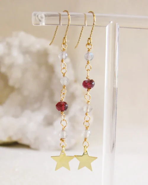 Orecchini stellina in Argento 925 con pietre naturali di Labradorite e Granato