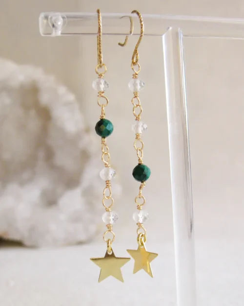 Orecchini stellina in Argento 925 con pietre naturali di Malachite e Quarzo Ialino