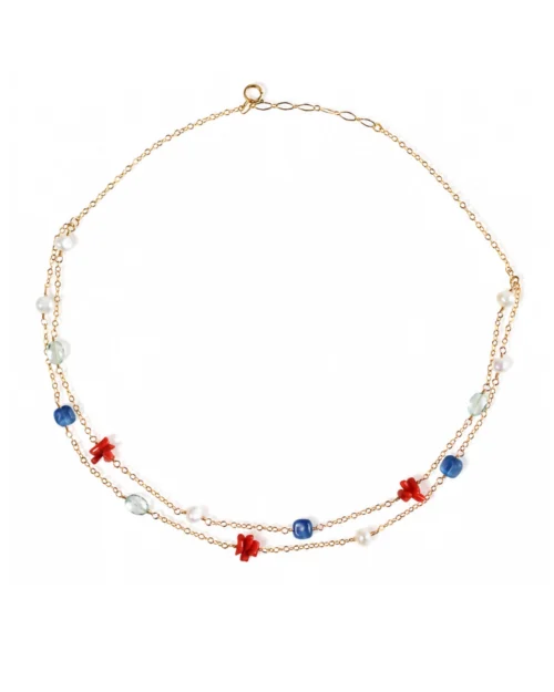 Collana multi gemma con corallo del Meditteraneo, perle di fiume, acquamarina e cianite