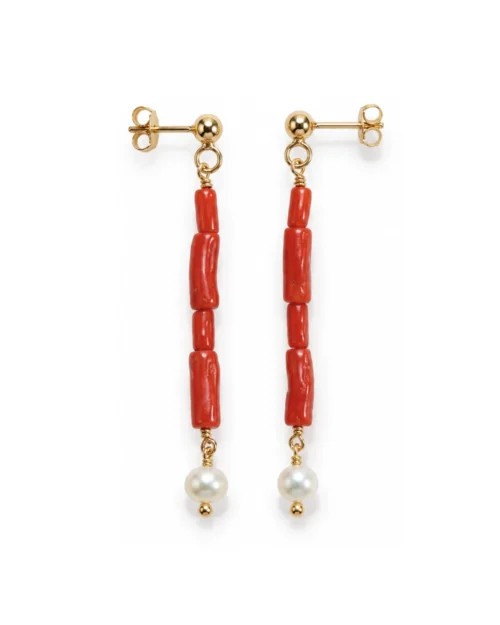 Orecchini barretta semi rigida con Corallo rosso del Mediterraneo e Perle