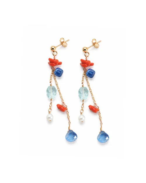 Orecchini multi gemma marina in gold filled con rametti di Corallo rosso, Perle, Acquamarina e Cianite
