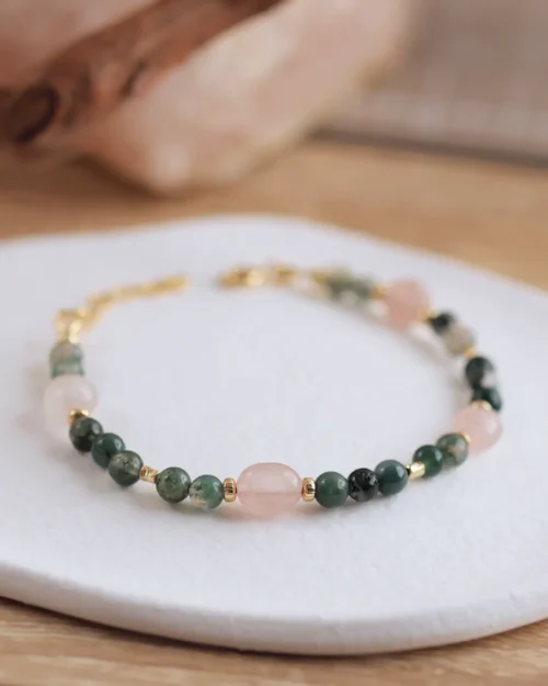 Bracciale Chakra del Cuore in Argento 925 con pietre naturali di Quarzo Rosa e Agata Muschiata