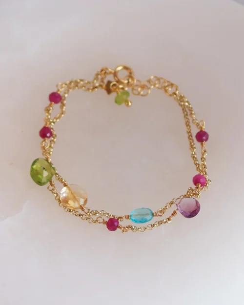 Bracciale multi gemma con Apatite, Quarzo Citrino, Peridoto, Ametista e Rubino.