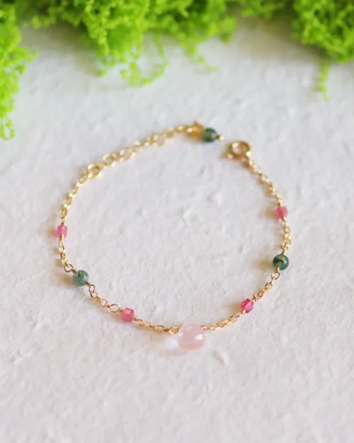 Bracciale Sottobosco in Argento 925 con pietre naturali di Quarzo rosa, Agata muschiata e Tormalina rosa