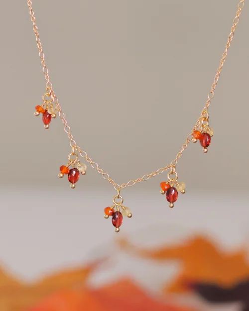 Collana Foglie d'Autunno in Argento 925 con pietre naturali di Granato, Quarzo Citrino e Corniola
