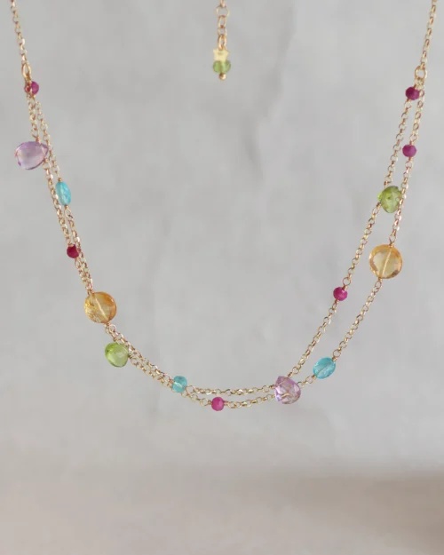 Collana girocollo multi gemma in Argento 925 con Apatite, Quarzo Citrino, Peridoto, Ametista e Rubino