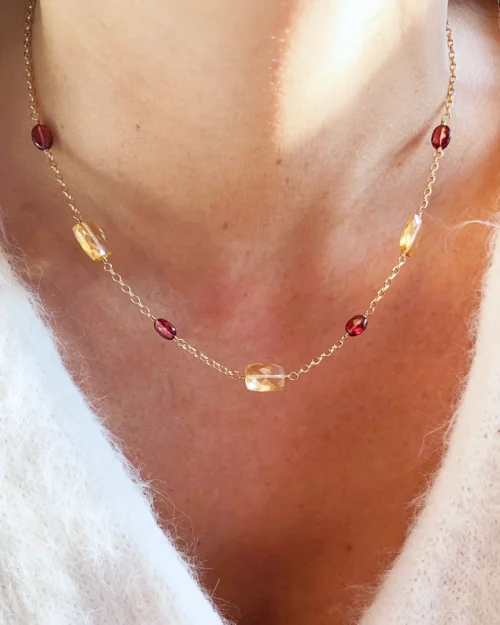 Girocollo rosario d'Autunno in Argento 925 con pietre naturali di Granato e Quarzo Citrino