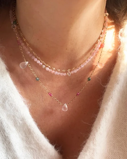Collana Sottobosco in Argento 925 con pietre naturali di Quarzo rosa, Agata muschiata e Tormalina rosa