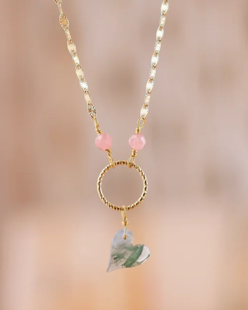 Collana Chakra del Cuore in Argento 925 con pietre naturali di Quarzo Rosa e Agata Muschiata