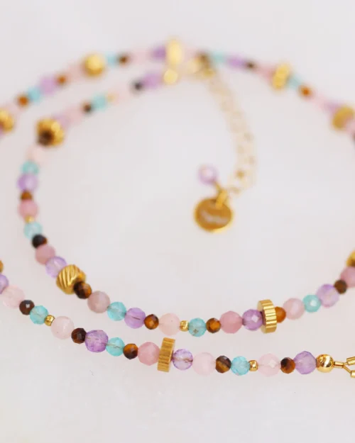 Girocollo Ethnic Aurora con pietre naturali di Quarzo rosa, Apatite, Ametista e Occhio di tigre