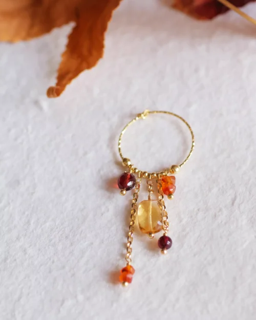 Orecchini asimmetrici Foliage in Argento 925 con pietre naturali di Granato, Quarzo Citrino e Corniola