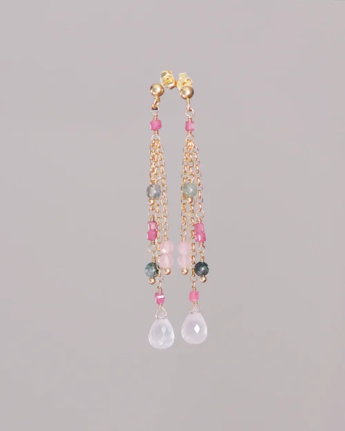 Orecchini Sottobosco in Argento 925 con pietre naturali di Quarzo rosa, Agata muschiata e Tormalina rosa