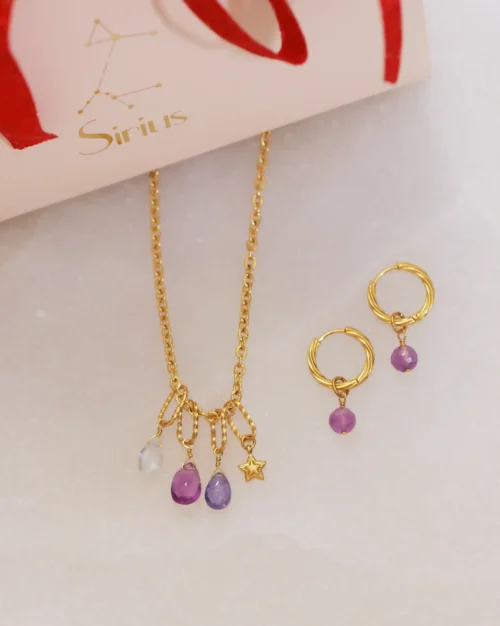 Cofanetto collana e orecchini con charms | Ametista, Tanzanite e Acquamarina