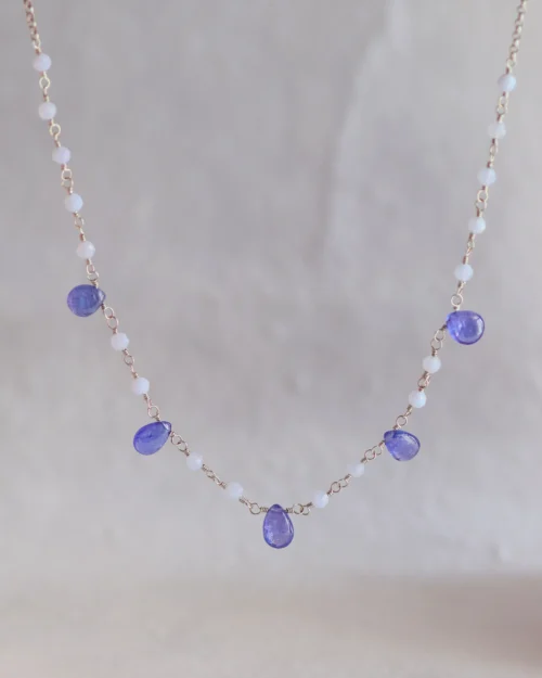 Collana rosario in argento 925 con Calcedonio e gocce di Tanzanite