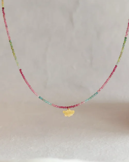 Collana in argento 925 con Tormalina multicolor e foglia di Ginkgo