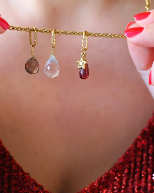 Cofanetto collana e orecchini con charms | Granato, Quarzo ialino e Quarzo fumè